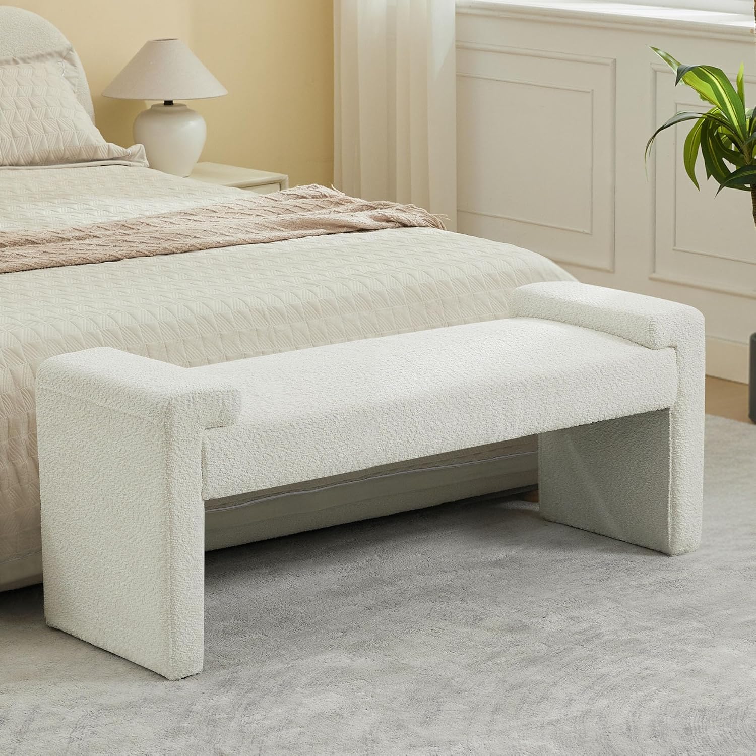 58.7" Linen End of Bed Bench Upholstered Modern Bedroom Bench for Living Room & Entryway, Easy Assembly, Footrest Ottoman Accent Window Bench with Solid Wood Frame & Curved Arm, Tan