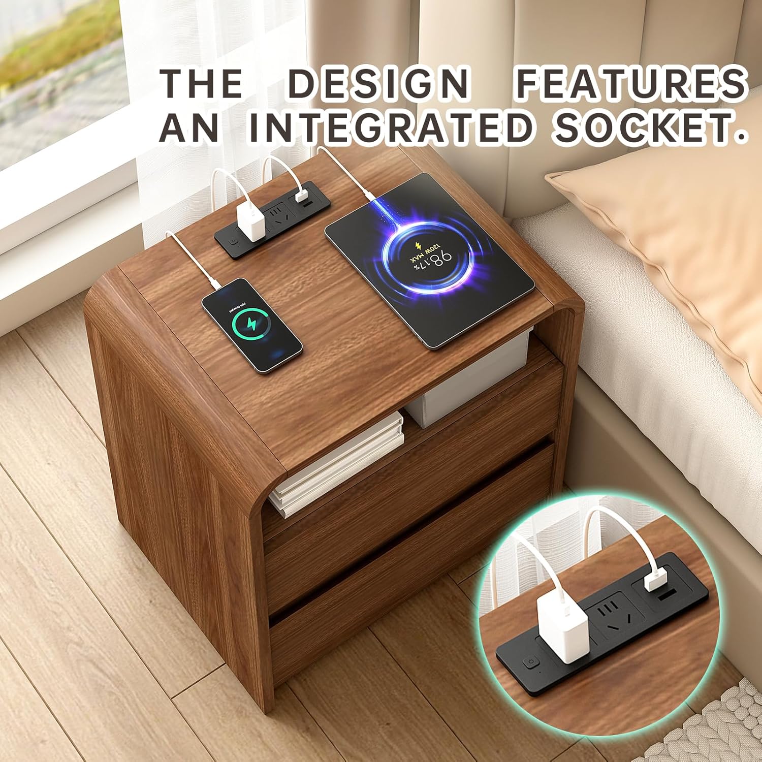 Walnut Nightstand Set of 2 with Charging Station, 21 Inch Wide Night Stand with Drawers, Modern Bedroom Bedside End Table with Round Corners Anti-Collision Design for Dorm, Sofa, Office