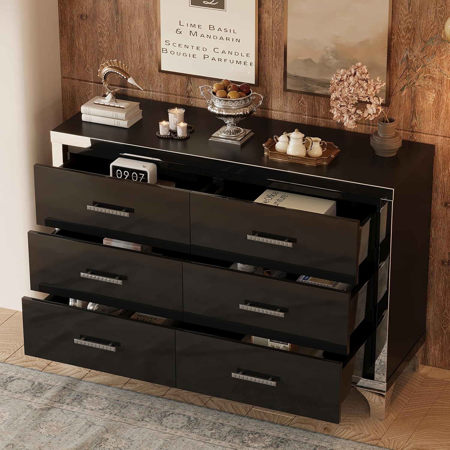 Knocbel Mirrored Storage Dresser with 6 Drawers, Elegant High Gloss Chest Cabinet with Metal Handle for Living Room Entryway 15.7" D x 47.2" W x 31.4" H Black
