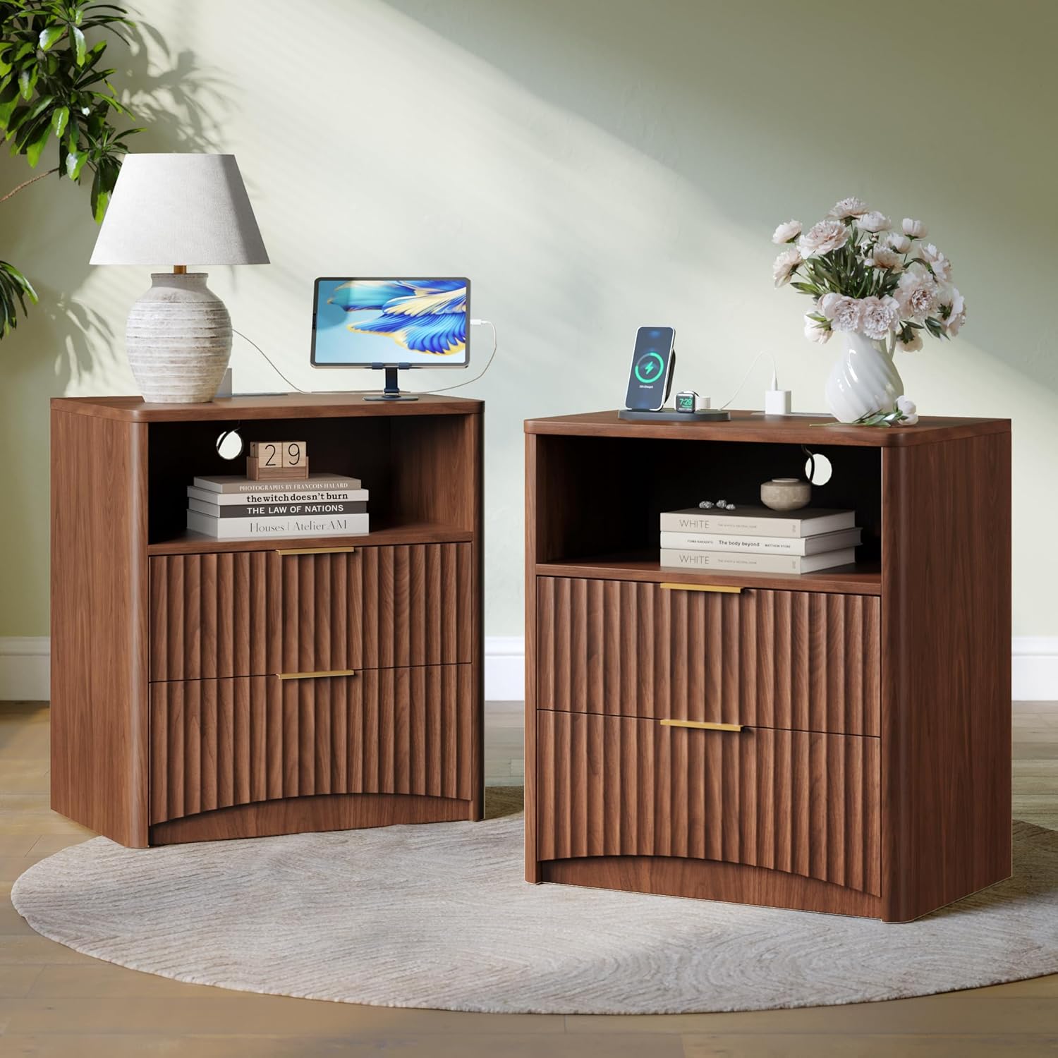 Evermagin Fluted Nightstand Set of 2, Walnut Bedside Table with Drawer and Storage, Wood End Table Mid Century Modern, Large Night Stand for Bedroom