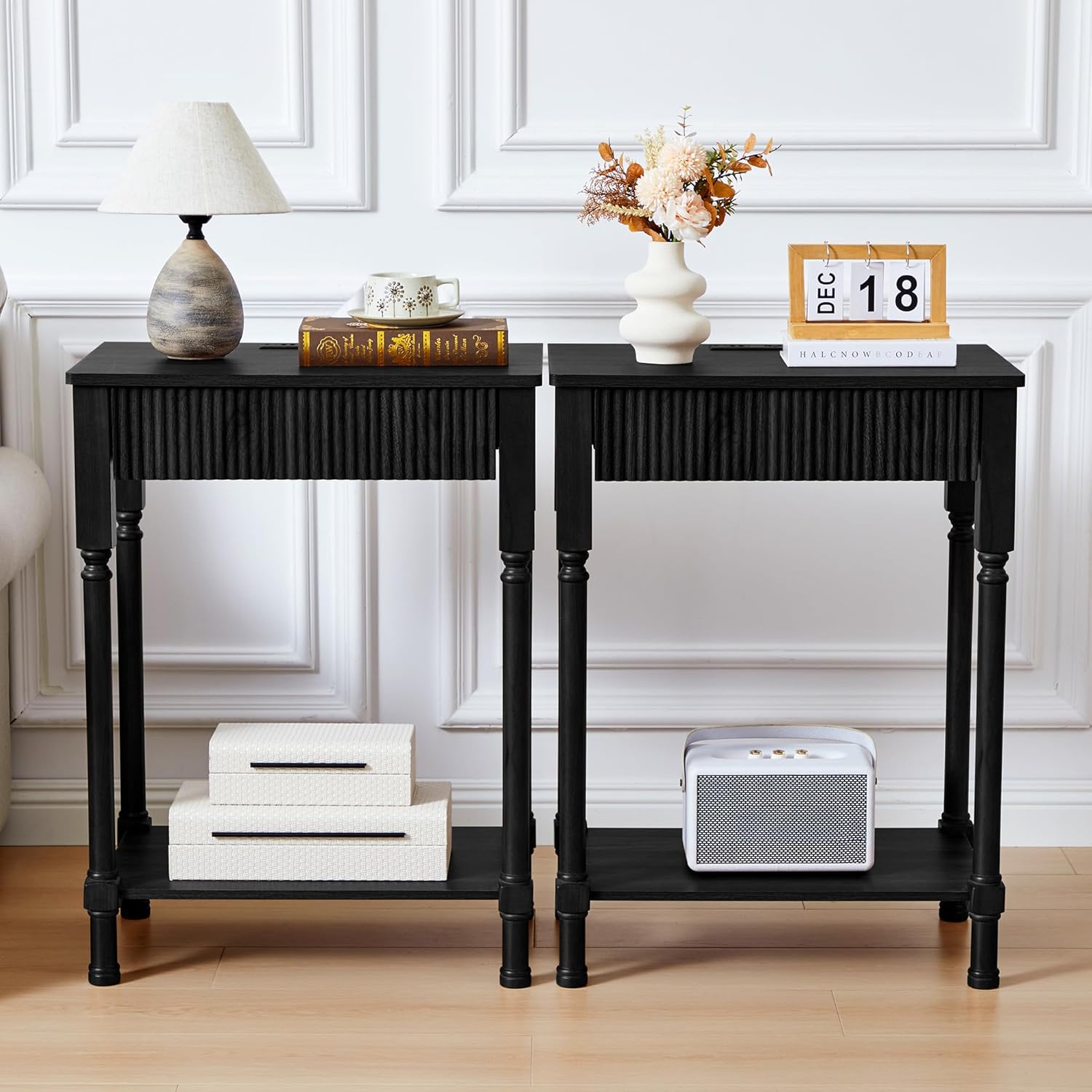 Fluted Nightstand Set of 2 with Charging Station, Modern Bed Side Table End Table with Drawer Storage, Large Wooden Night Stands Bedside for Bedroom Living Room Sofa Office, Walnut 2 Sets