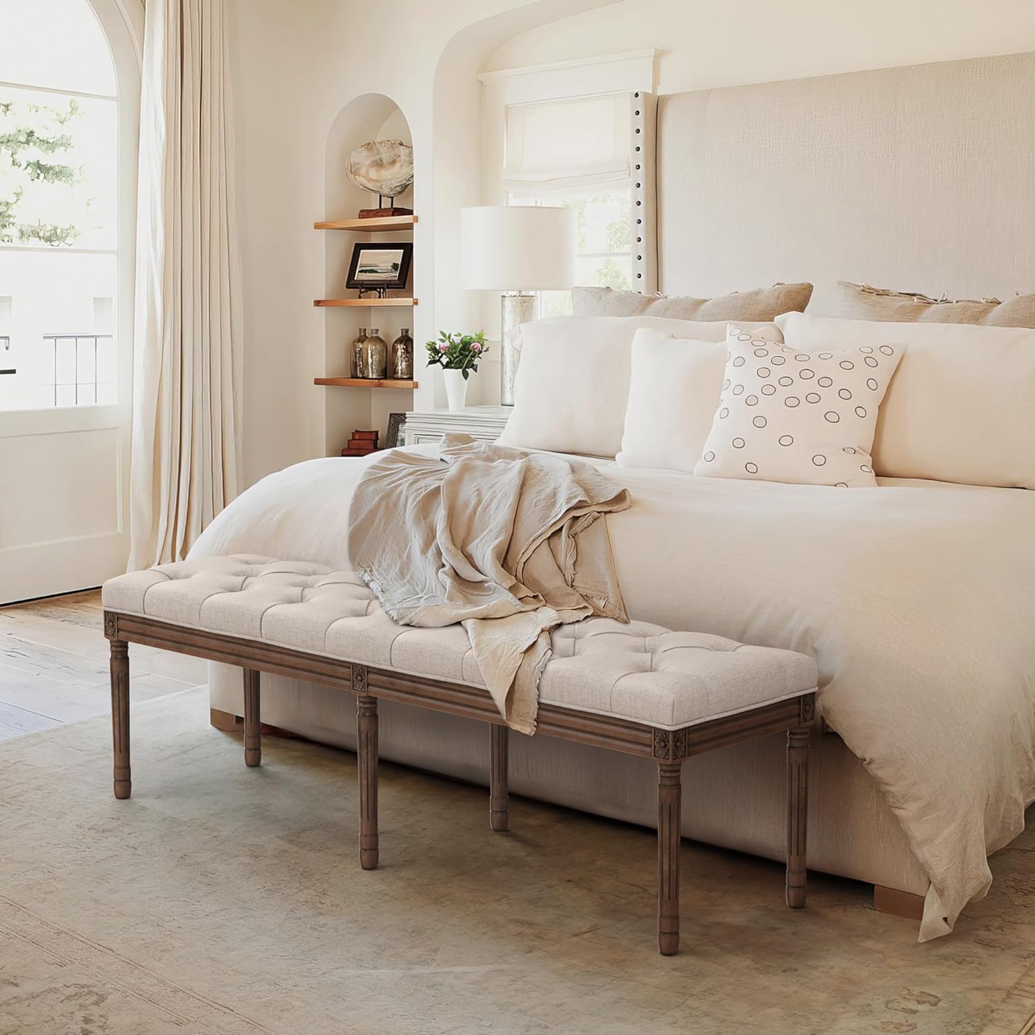 LUE BONA 60" Fabric End of Bed Bench, Upholstered Tufted French Bedroom Bench with Carved Dark Brown Legs for Bedroom End of King Size Bed, Living Room, Linen