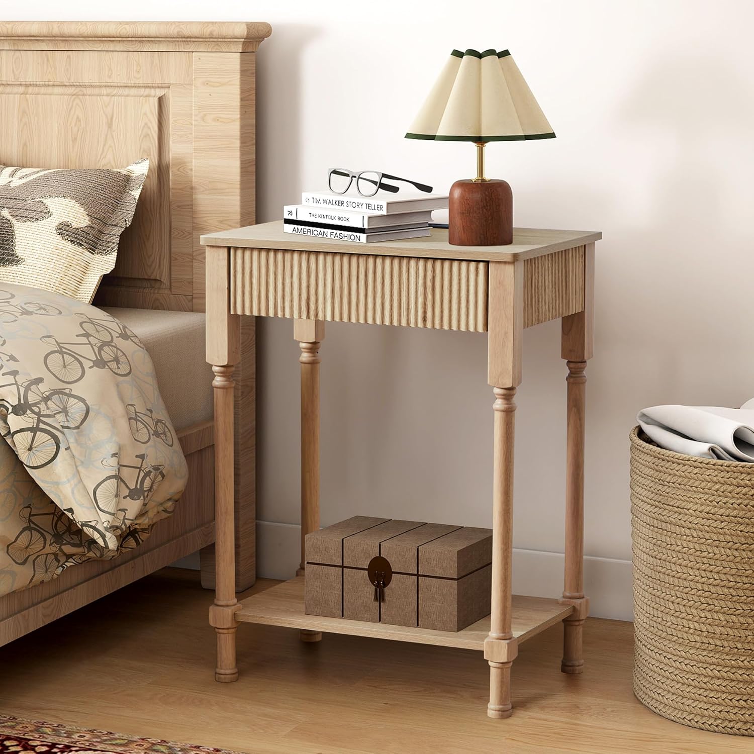 Fluted Nightstand Set of 2 with Charging Station, Modern Bed Side Table End Table with Drawer Storage, Large Wooden Night Stands Bedside for Bedroom Living Room Sofa Office, Walnut 2 Sets