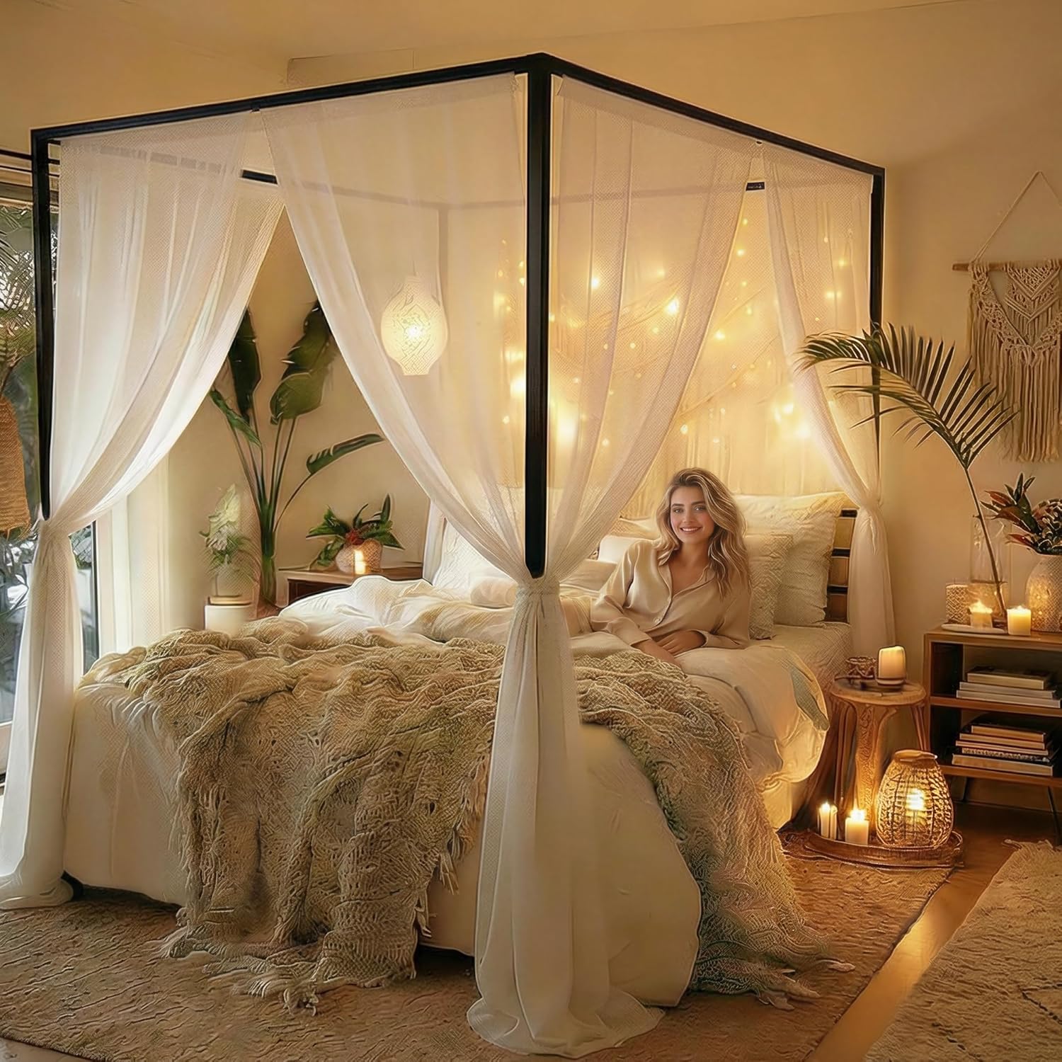 YITAHOME Canopy Bed Frame Metal Four Posters 14 Inch Platform with Built-in Headboard Strong Metal Slat Mattress Support, No Box Spring Needed, Black, Queen Size