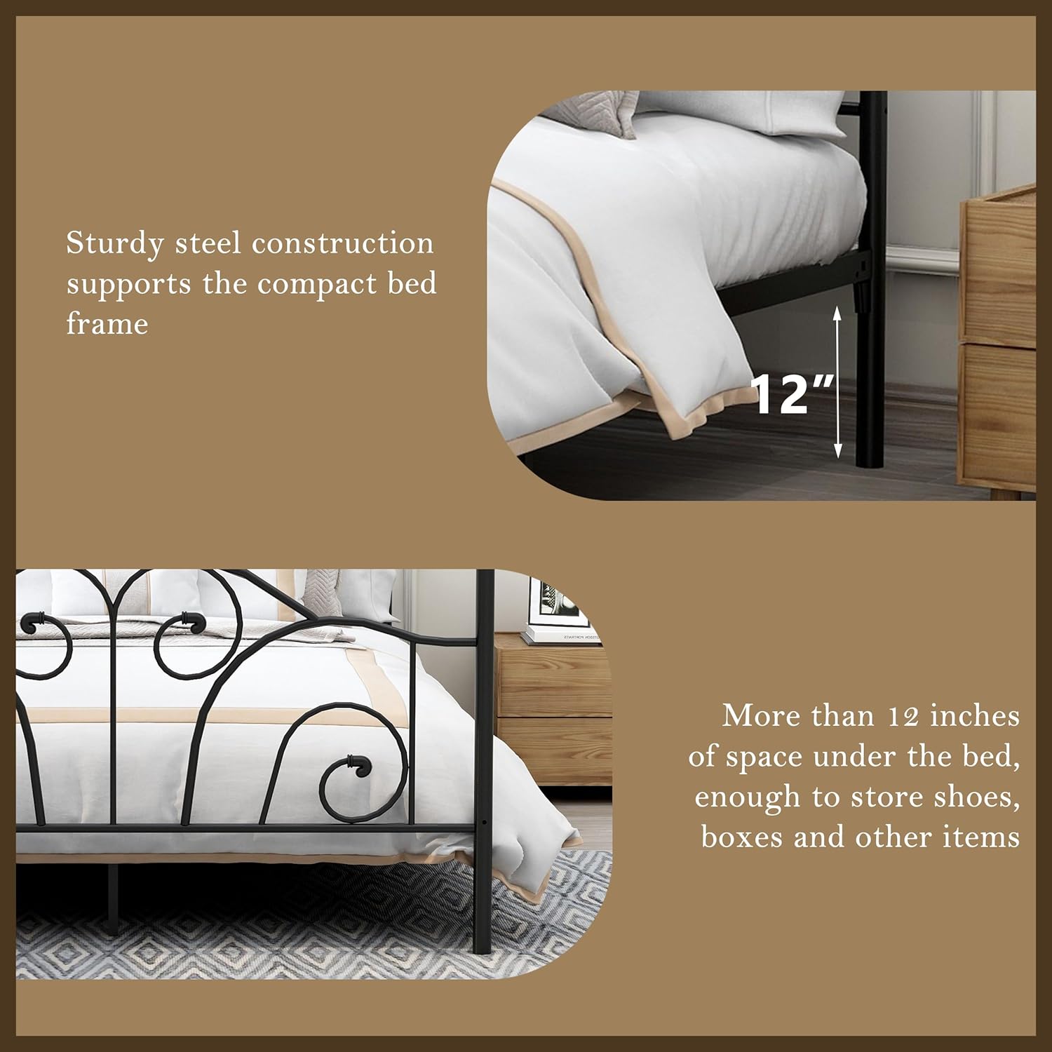 Queen Size Four-Poster Metal Canopy Bed Frame with Headboard and Footboard Sturdy Slatted Structure No Box Spring Needed Black