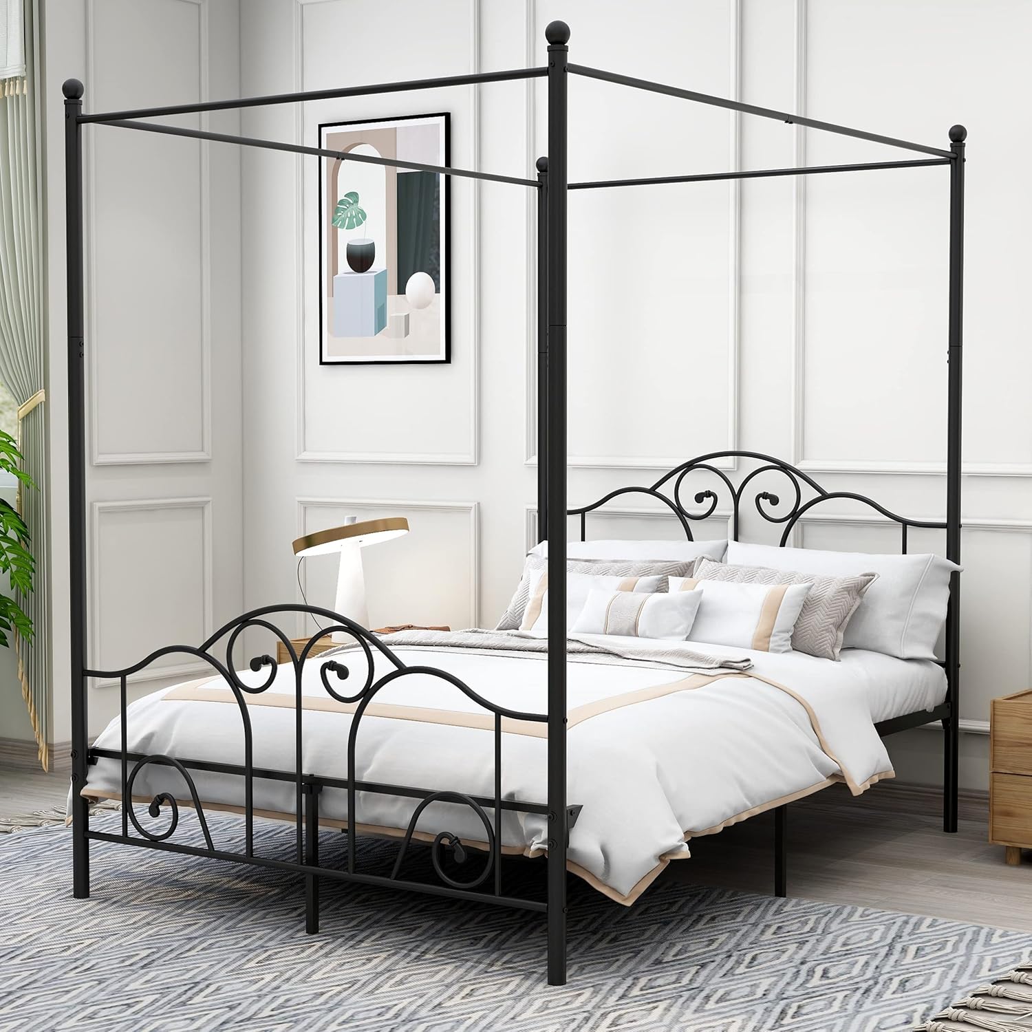Queen Size Four-Poster Metal Canopy Bed Frame with Headboard and Footboard Sturdy Slatted Structure No Box Spring Needed Black