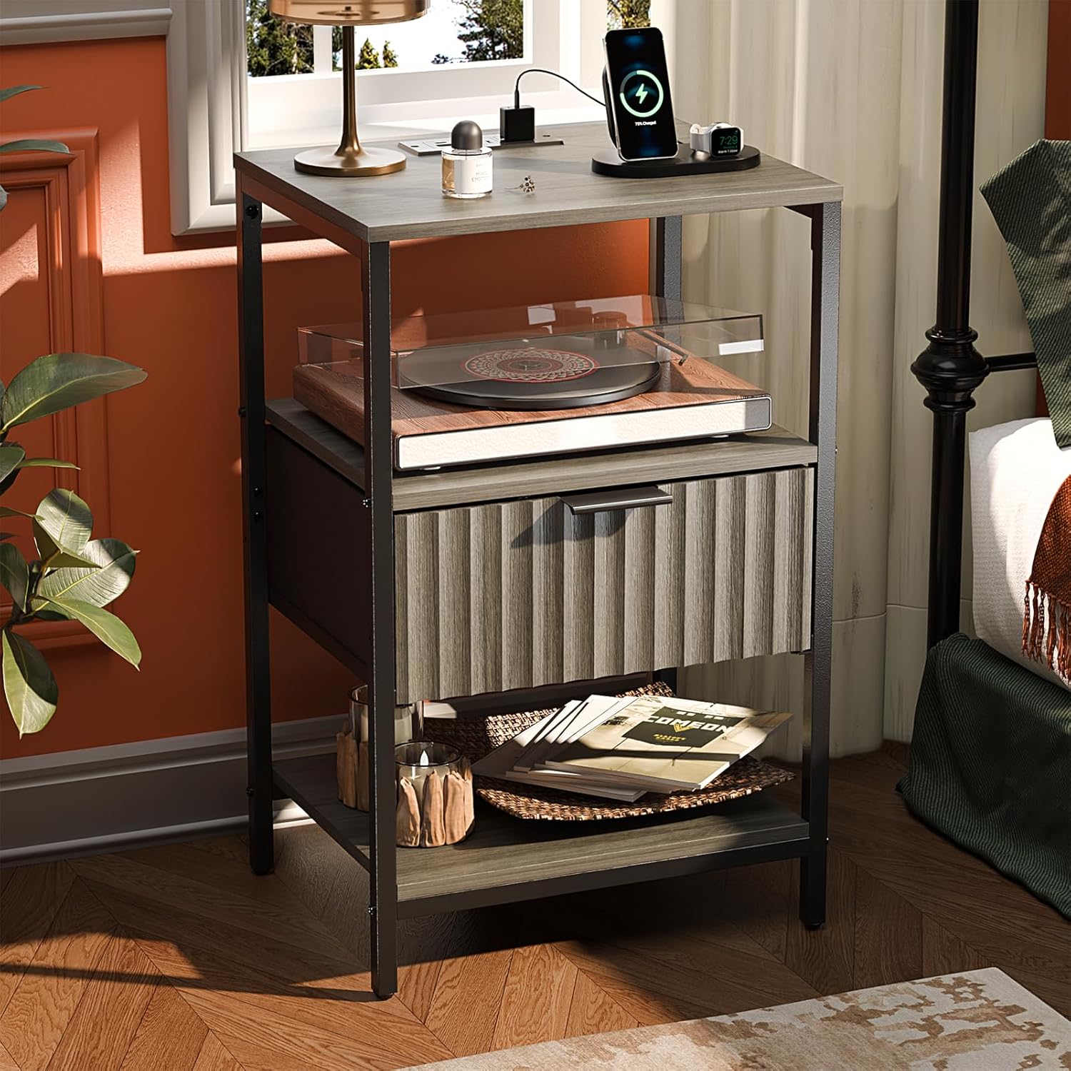 VINGLI Night Stand Set 2, Fluted Nightstands with Drawer, Mid Century Modern Nightstands Set of 2, Bedside Table, End Table, Wood Nightstand for Bedroom, Walnut, 15.75" W*11.81" D*21.85" H