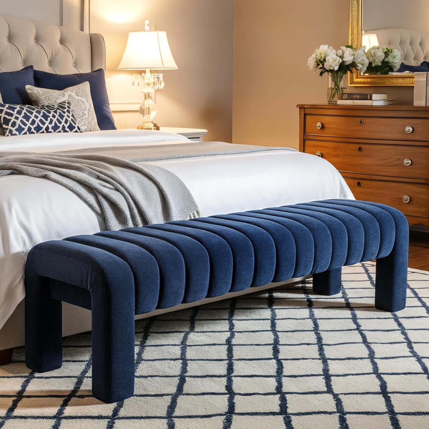 63" Bedroom Bench, Upholstered Entryway Bench, Modern End of Bed Ottoman with Solid Wood Legs and Adjustable Foot Pegs for Entryway, Dining Room and Living Room (Beige Linen)