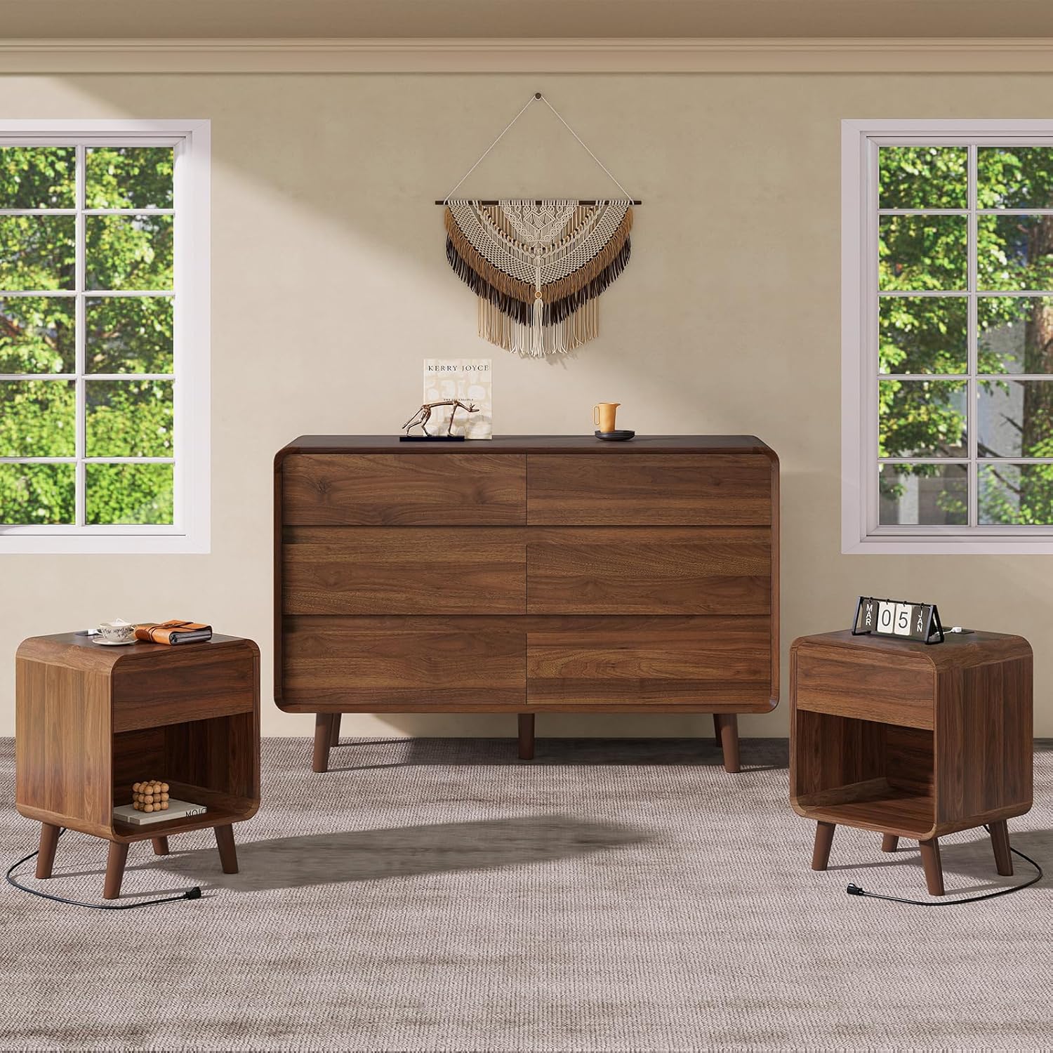 Dresser and Nightstand Sets 3 Piece, 6 Drawer Dresser for Bedroom and Nightstands Set of 2, Wood Chest of Drawers Night Stand Mid Century Modern Bedroom Furniture Set, Walnut