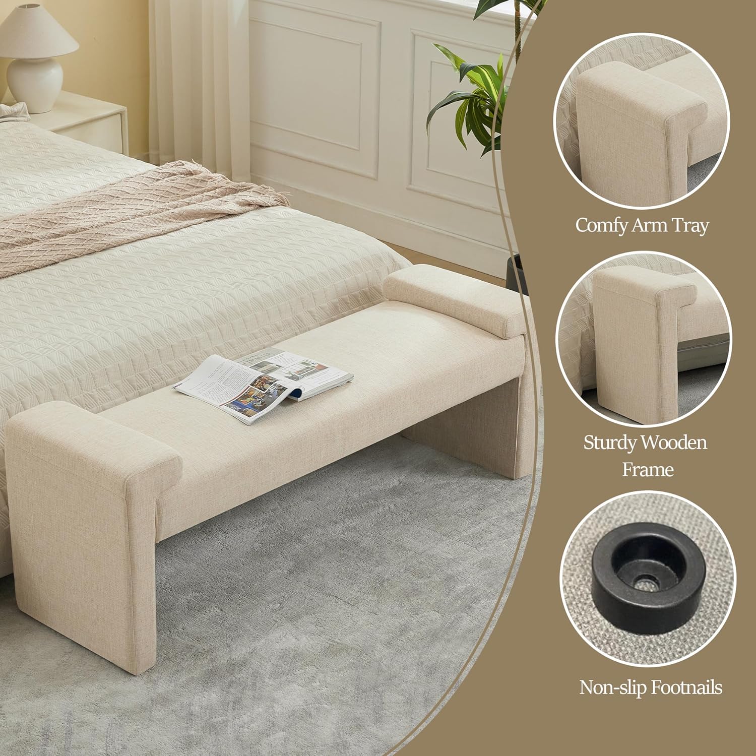 58.7" Linen End of Bed Bench Upholstered Modern Bedroom Bench for Living Room & Entryway, Easy Assembly, Footrest Ottoman Accent Window Bench with Solid Wood Frame & Curved Arm, Tan
