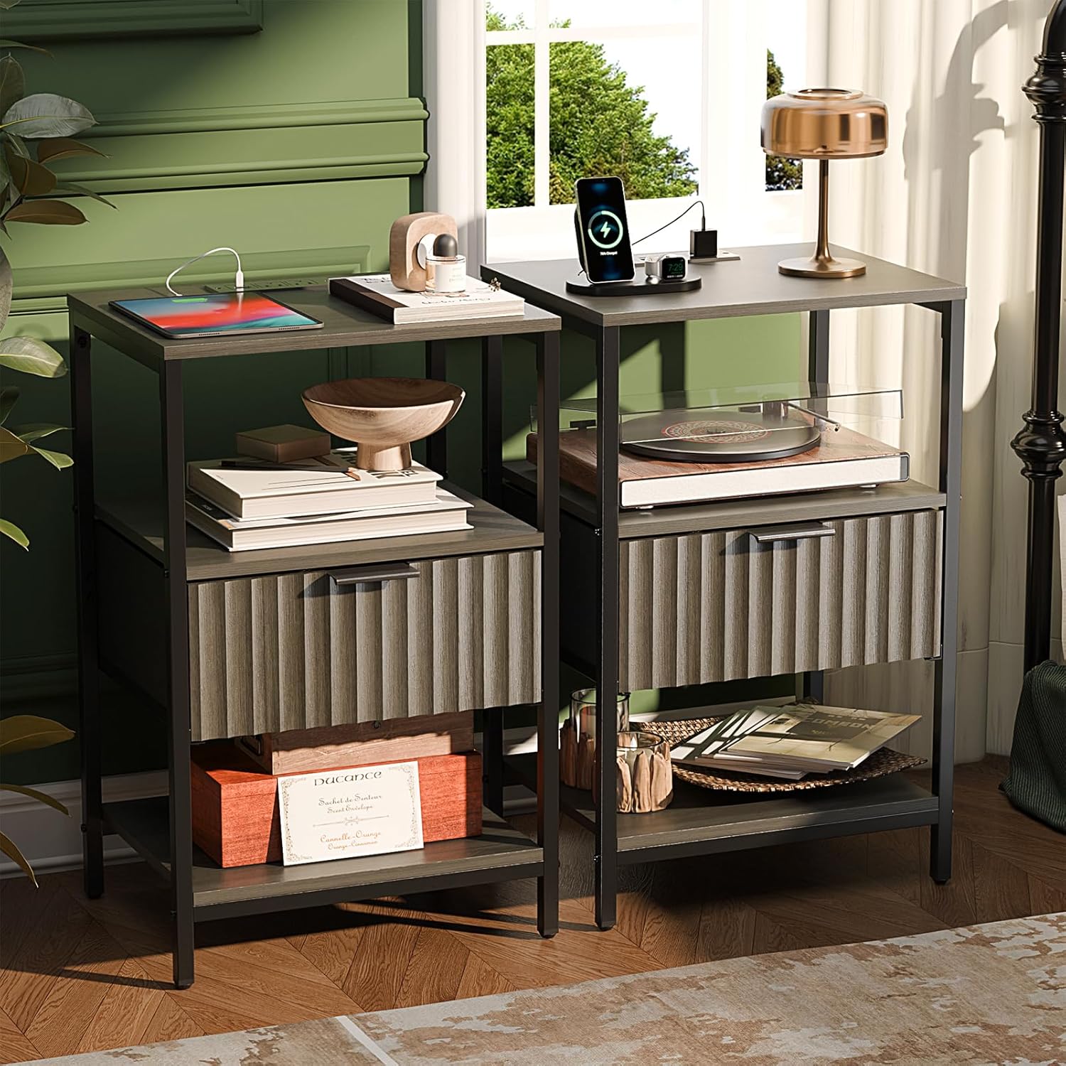 VINGLI Night Stand Set 2, Fluted Nightstands with Drawer, Mid Century Modern Nightstands Set of 2, Bedside Table, End Table, Wood Nightstand for Bedroom, Walnut, 15.75" W*11.81" D*21.85" H