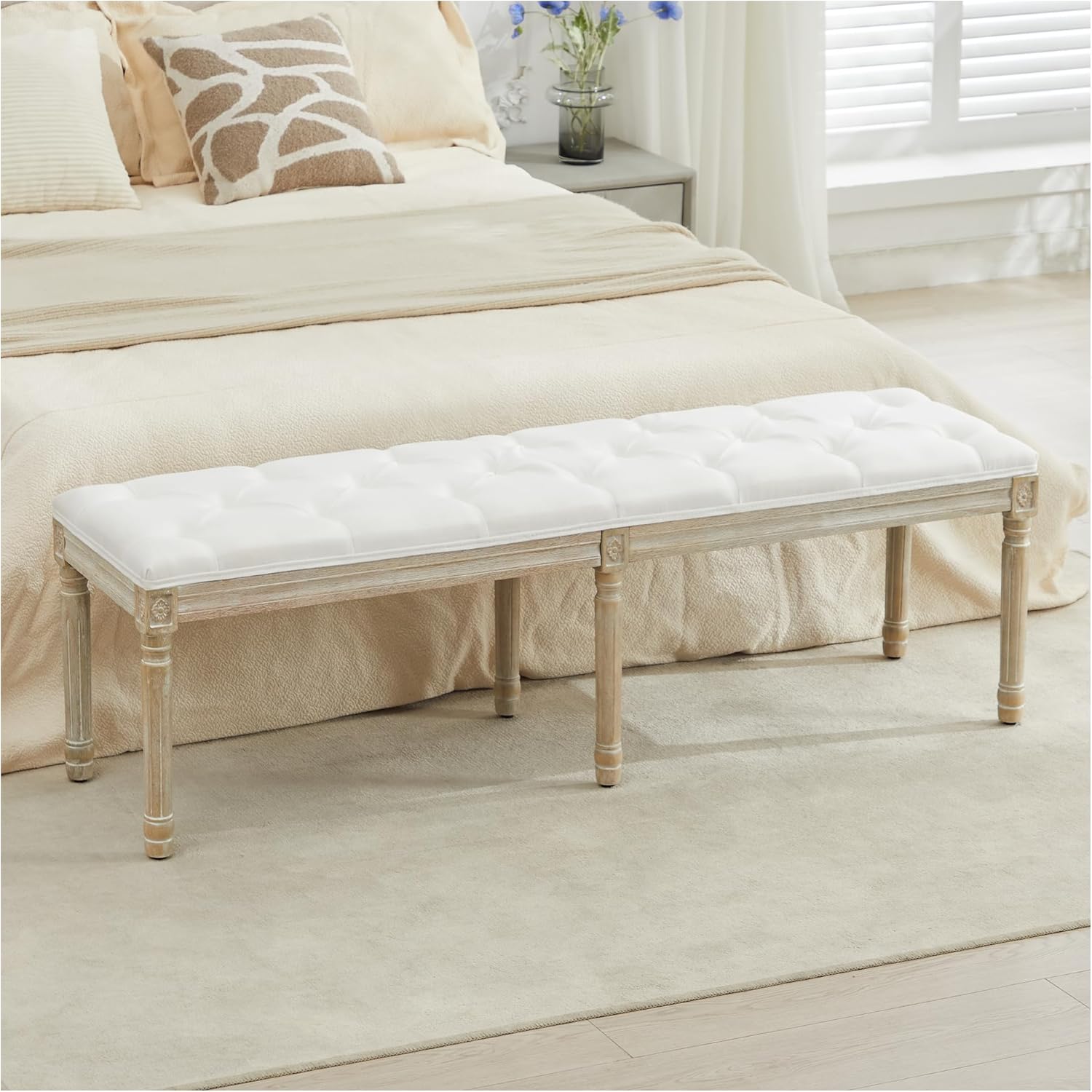 LOULENS French Vintage Bench, Linen Fabric Entryway Bench, Upholstered Tufted End of Bed Bench with Brushed Wood Legs, White