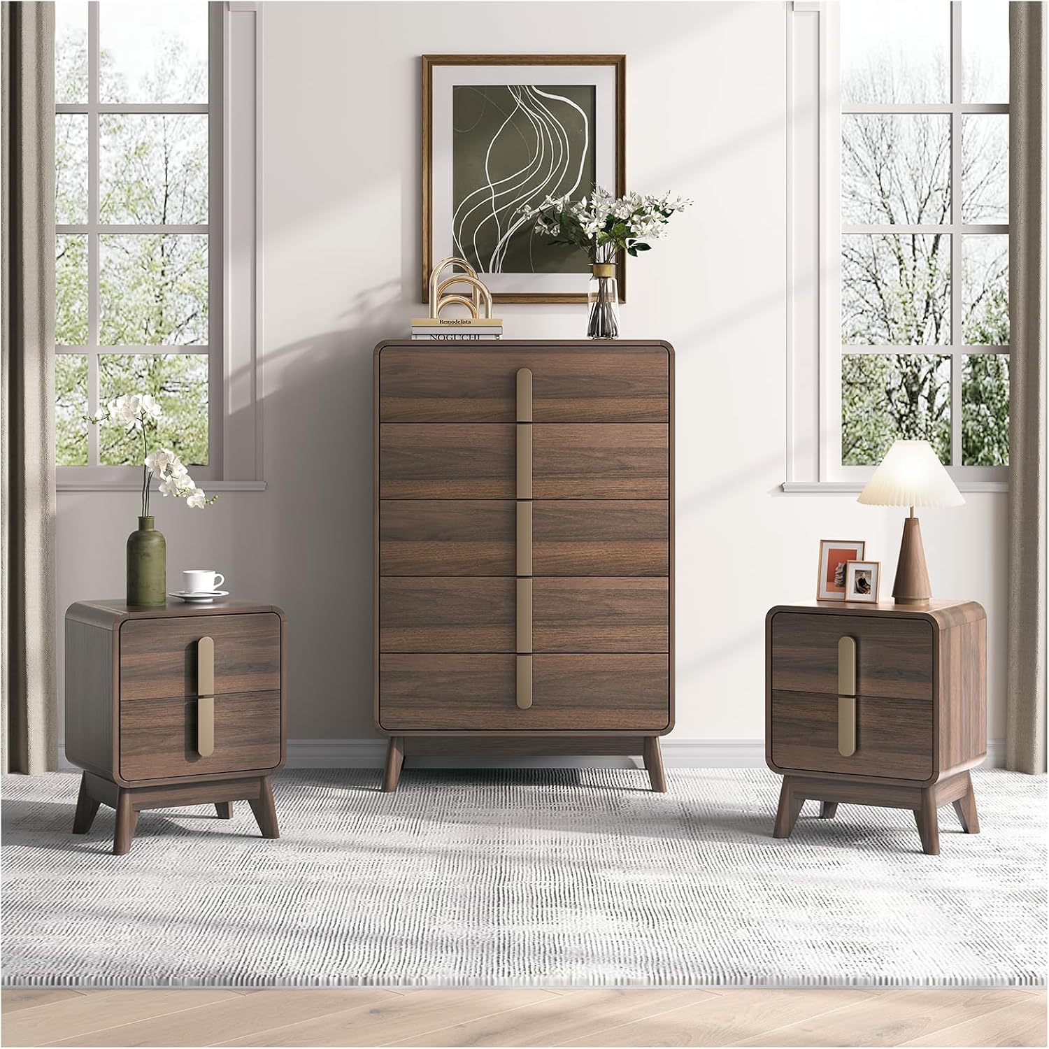 Nightstands Set of 2, Mid Century Modern Nightstand with Drawers, Bedside Tables with Solid Wood Legs, End Side Tables for Bedroom, Small Space,Walnut