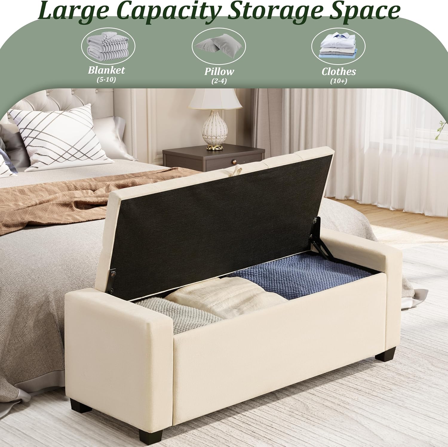 Royal Windsor Ottoman with Storage,Tufted Storage Bench with Safety Hinge,Holds up to 350 lb,Upholstered Bench with Seating for Bedroom, Living Room,Entryway,Linen Beige
