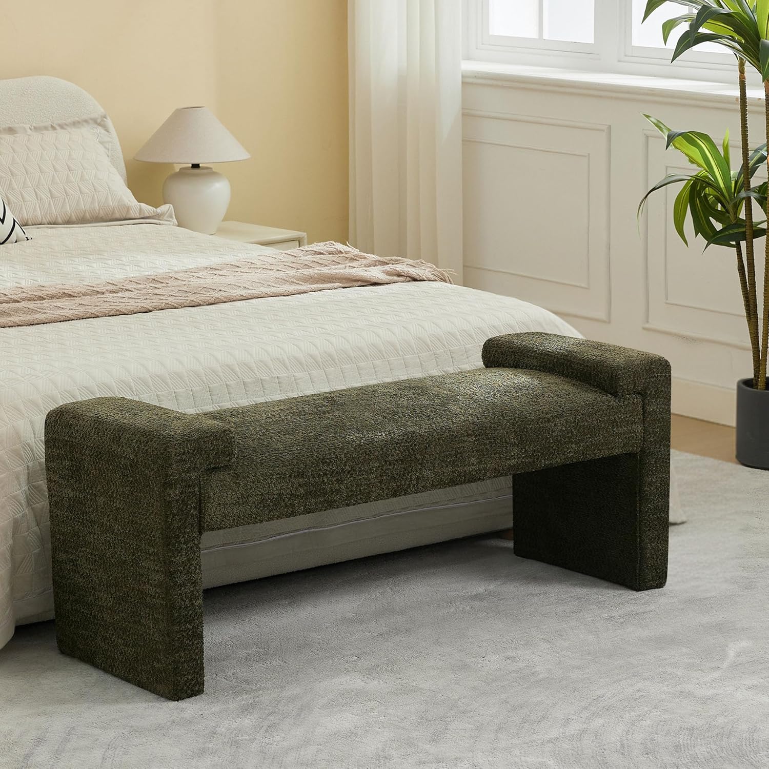 58.7" Linen End of Bed Bench Upholstered Modern Bedroom Bench for Living Room & Entryway, Easy Assembly, Footrest Ottoman Accent Window Bench with Solid Wood Frame & Curved Arm, Tan