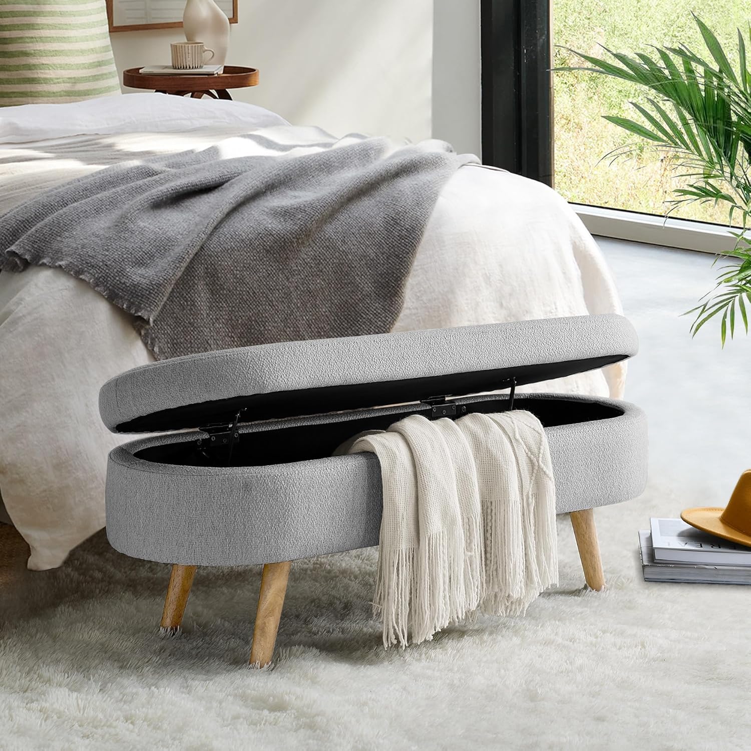 Oval Storage Ottoman Bench, 43.5 Inches Ottoman with Storage, Linen Upholstered Bench with Storage, Safety Hinge Flip Top, Solid Wood Legs for Living Room, Entryway, 250 lbs Load, Beige