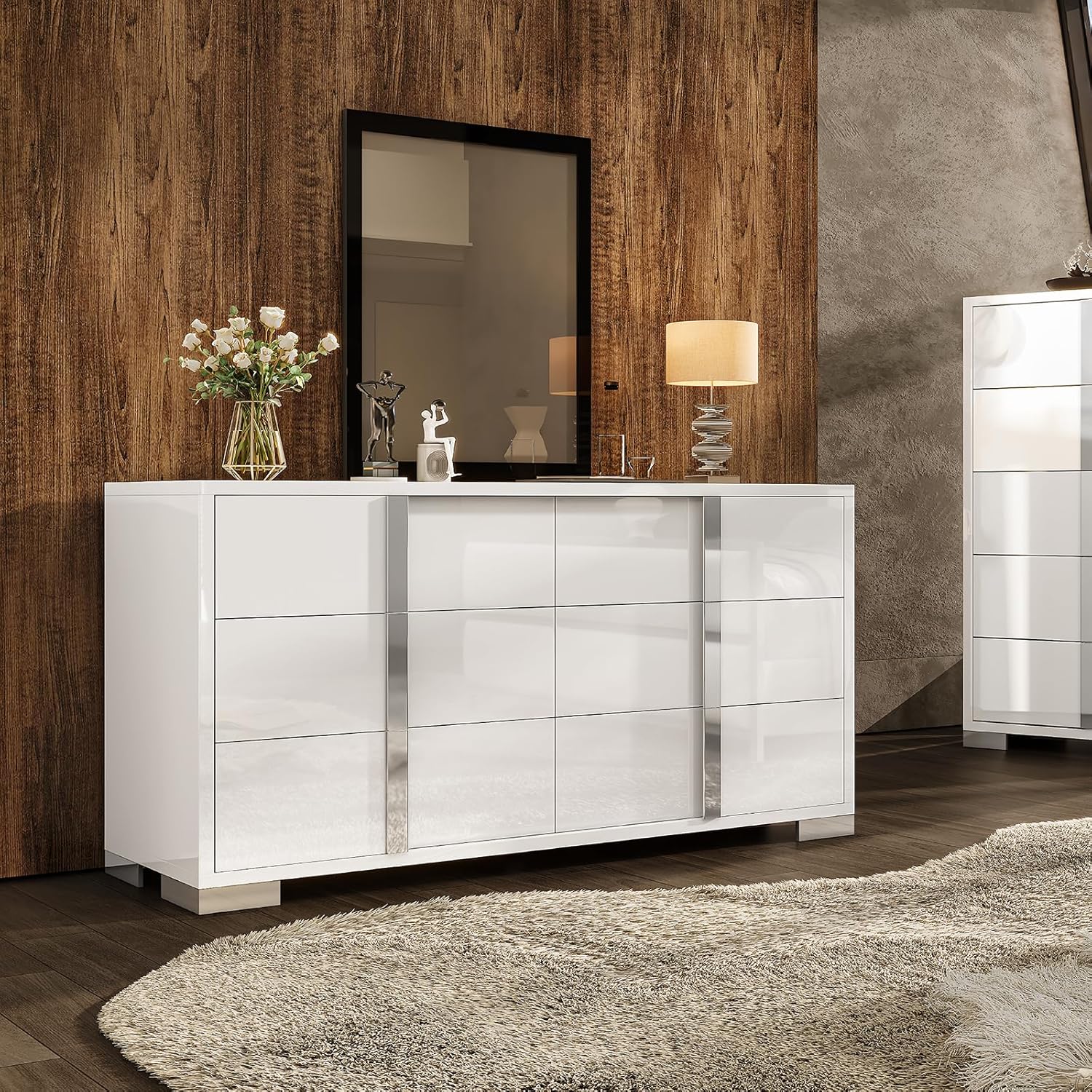 AMERLIFE 54" W High Gloss 6 Drawers Dressers with Silver Grooved Handles, Modern Storage Chest of Drawers with Wide Tabletop, for Bedroom/Dressing Room/Living Room, White