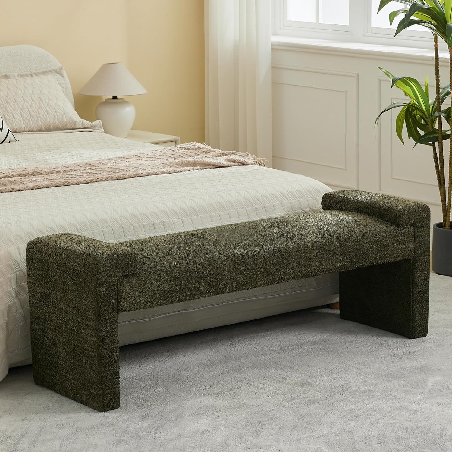 58.7" Linen End of Bed Bench Upholstered Modern Bedroom Bench for Living Room & Entryway, Easy Assembly, Footrest Ottoman Accent Window Bench with Solid Wood Frame & Curved Arm, Tan