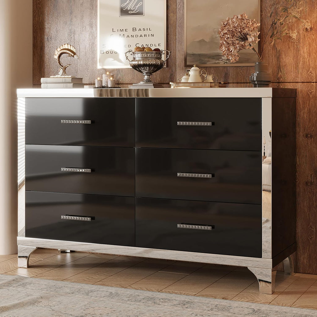 Knocbel Mirrored Storage Dresser with 6 Drawers, Elegant High Gloss Chest Cabinet with Metal Handle for Living Room Entryway 15.7" D x 47.2" W x 31.4" H Black