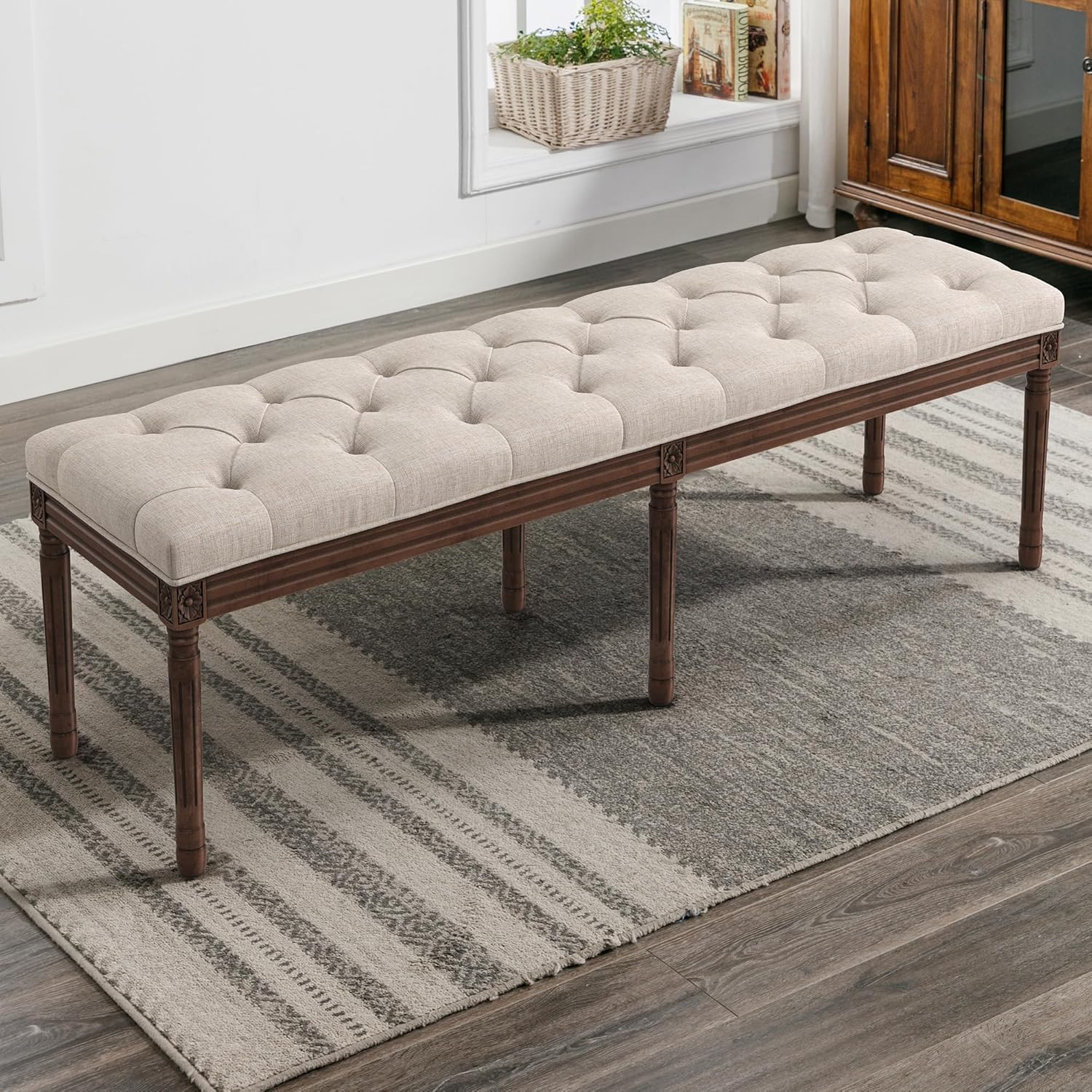 LUE BONA 60" Fabric End of Bed Bench, Upholstered Tufted French Bedroom Bench with Carved Dark Brown Legs for Bedroom End of King Size Bed, Living Room, Linen