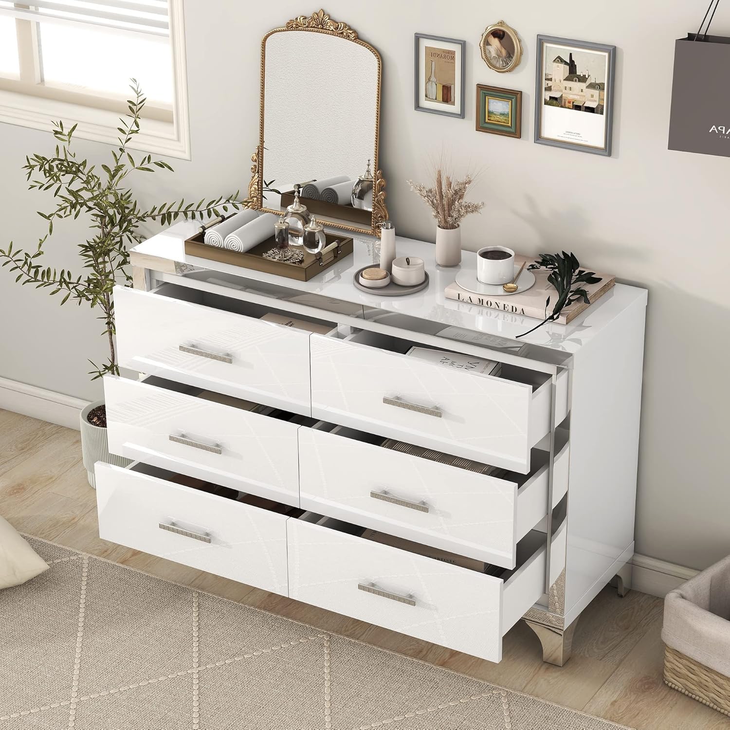 Elegant High Gloss Dresser with Metal Handle,Mirrored Storage Cabinet with 6 Drawers for Bedroom,Living Room,White