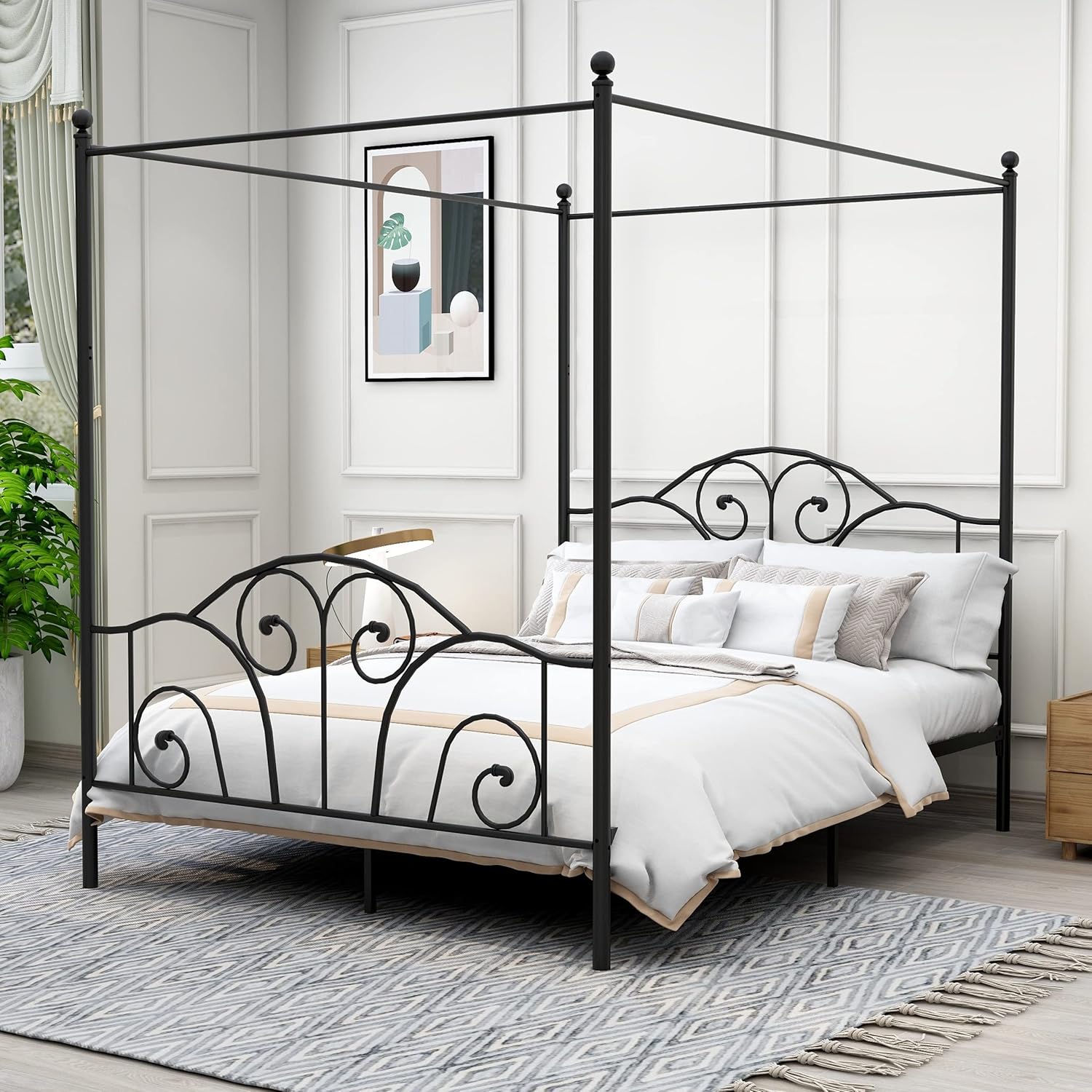 Queen Size Four-Poster Metal Canopy Bed Frame with Headboard and Footboard Sturdy Slatted Structure No Box Spring Needed Black